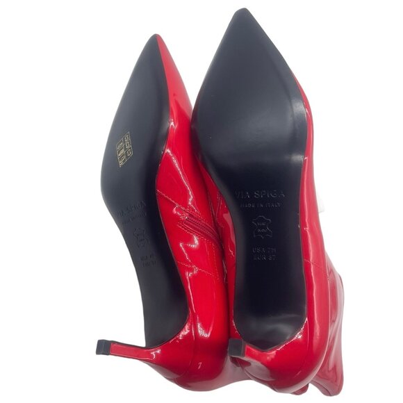 NEW Via Spiga 7 Baronne Pointed Toe Kitten Heel Booties Patent Leather Tango Red - Picture 8 of 9